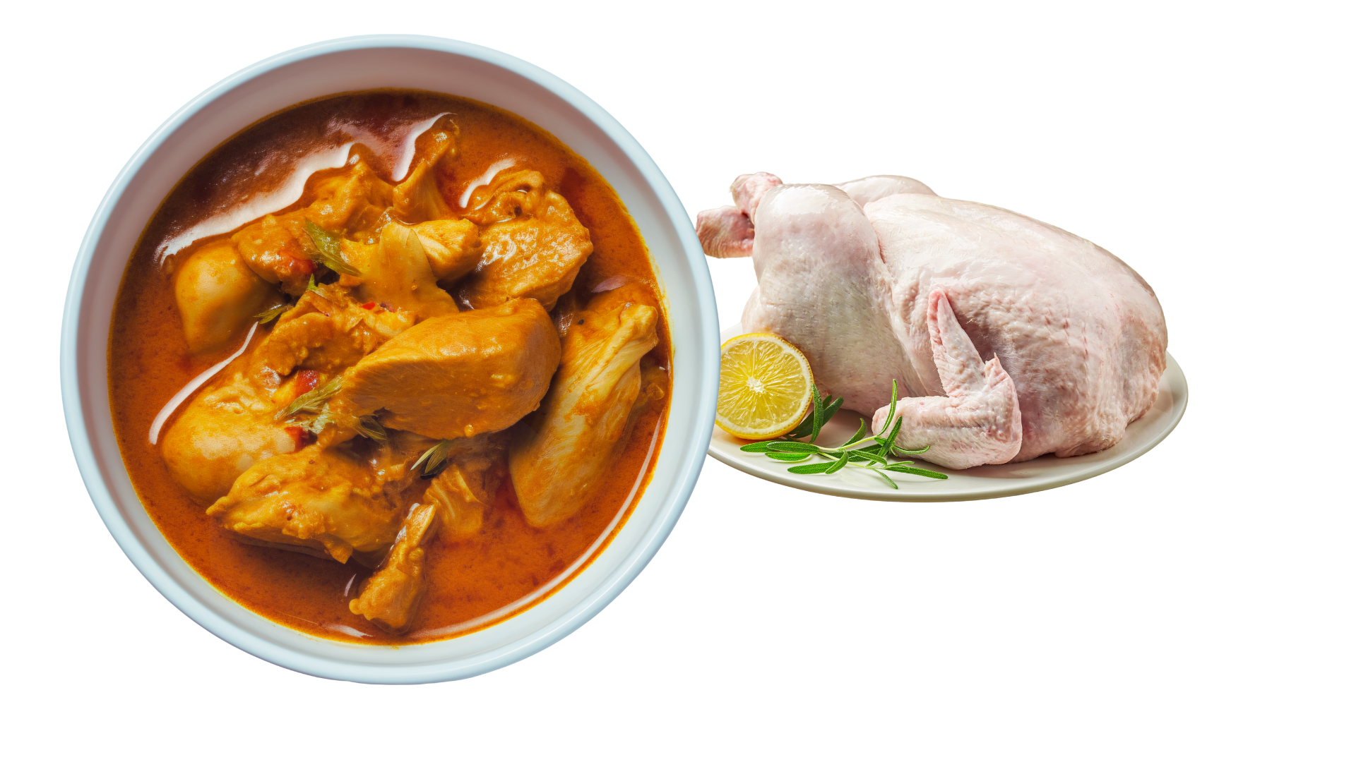Raw chicken and chicken curry - from farm to fork
